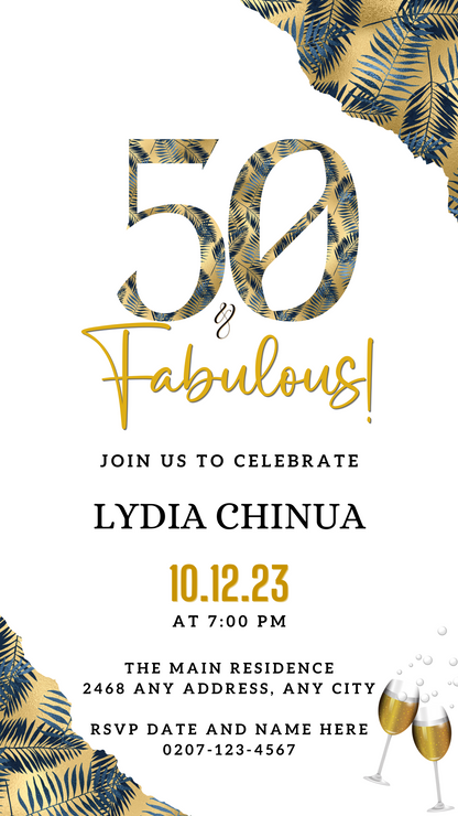 Customisable Digital Gold Blue Tropical | 50 & Fabulous Party Evite featuring gold and blue leafy design. Editable text and elements for personalizing events via Canva.