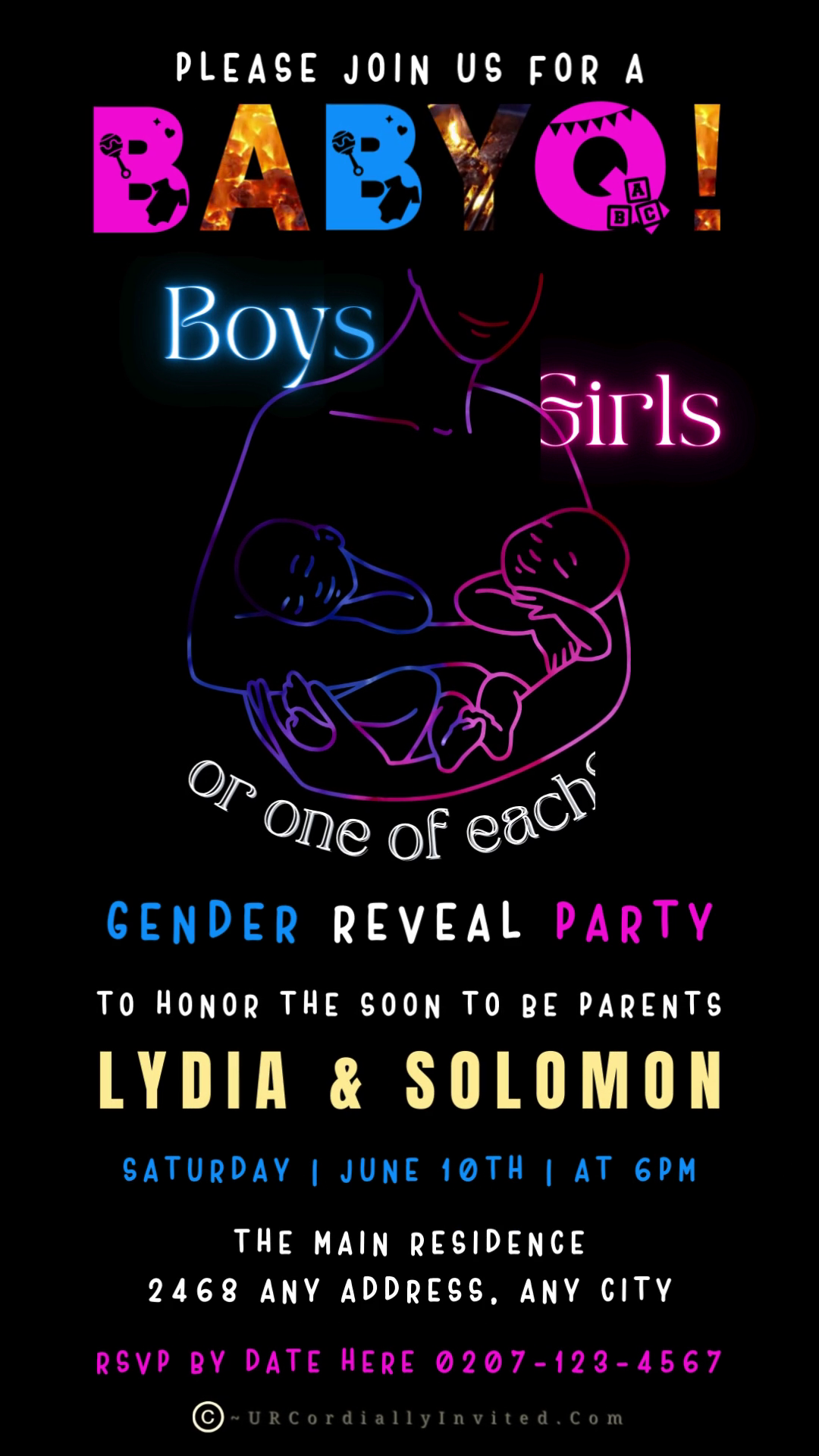 Animated Twins BABYQ Grill | Digital Gender Reveal Invite, featuring a neon sign with a woman holding two babies, customizable via Canva for smartphone sharing.