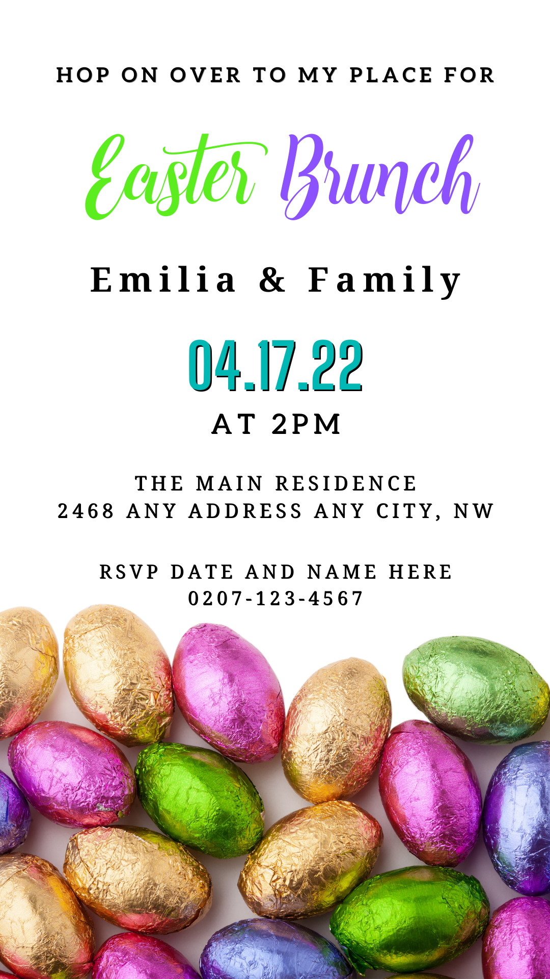 Editable Digital Colourful Assorted Chocolate Easter Eggs | Easter Brunch Evite, featuring vibrant, wrapped eggs for a customizable digital invitation via Canva, perfect for electronic sharing.