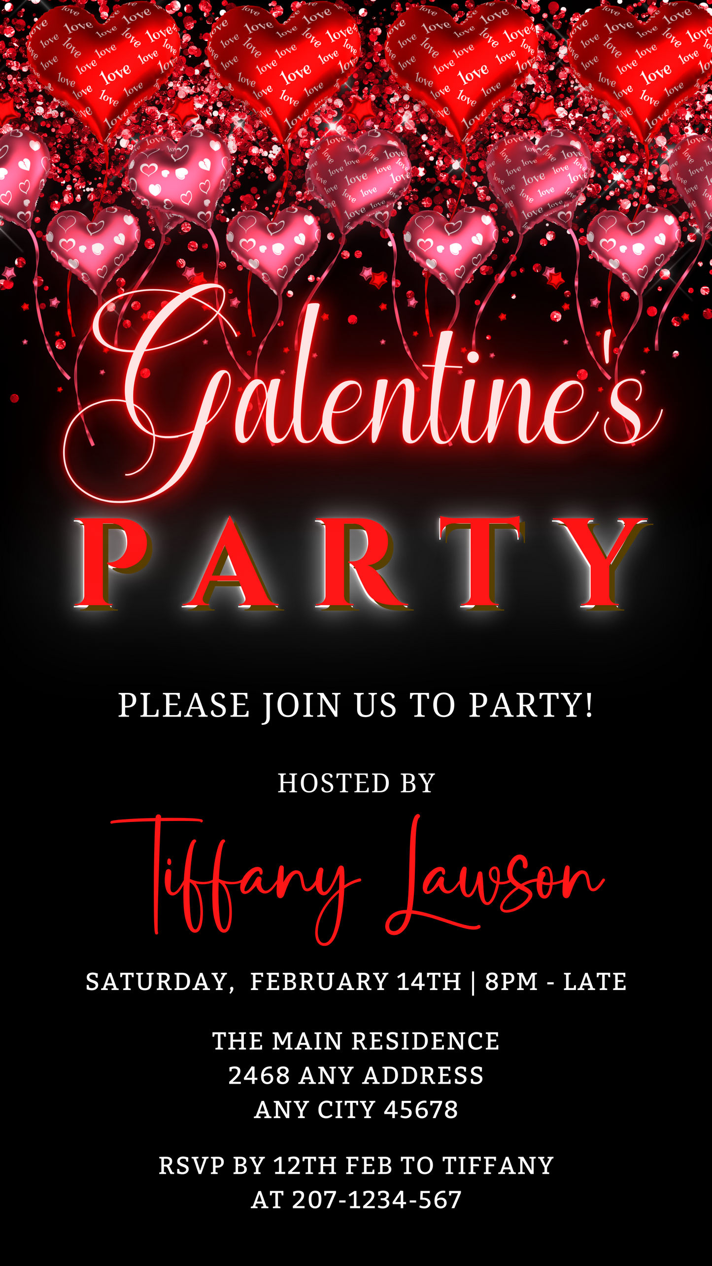 Floating red heart balloons Galentines party evite with customizable text, editable via Canva for smartphone use. Features red and pink balloons and heart-shaped elements.