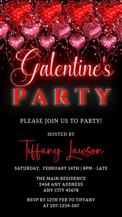 Floating red heart balloons Galentines party evite with customizable text, editable via Canva for smartphone use. Features red and pink balloons and heart-shaped elements.