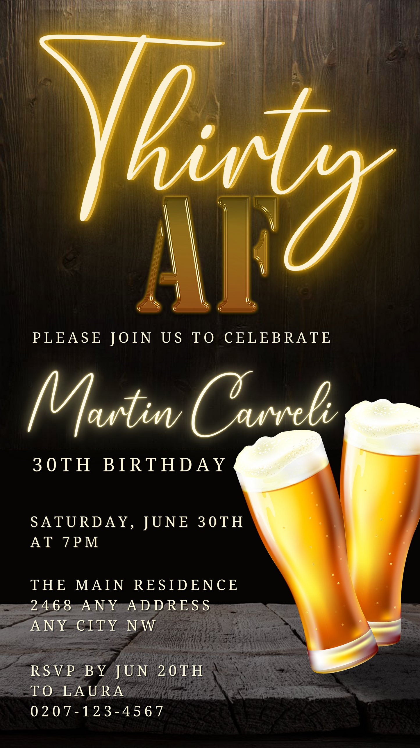Neon Gold Beer | 30AF Birthday Evite: Digital invitation featuring two beer glasses, customizable via Canva for easy sharing through text, email, or social media.