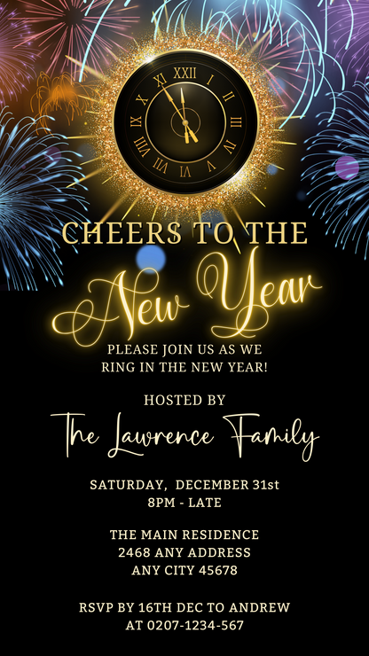 Black and gold digital invitation featuring a clock and fireworks, customizable for New Year's Eve using Canva. Perfect for sharing via text, email, or social media.