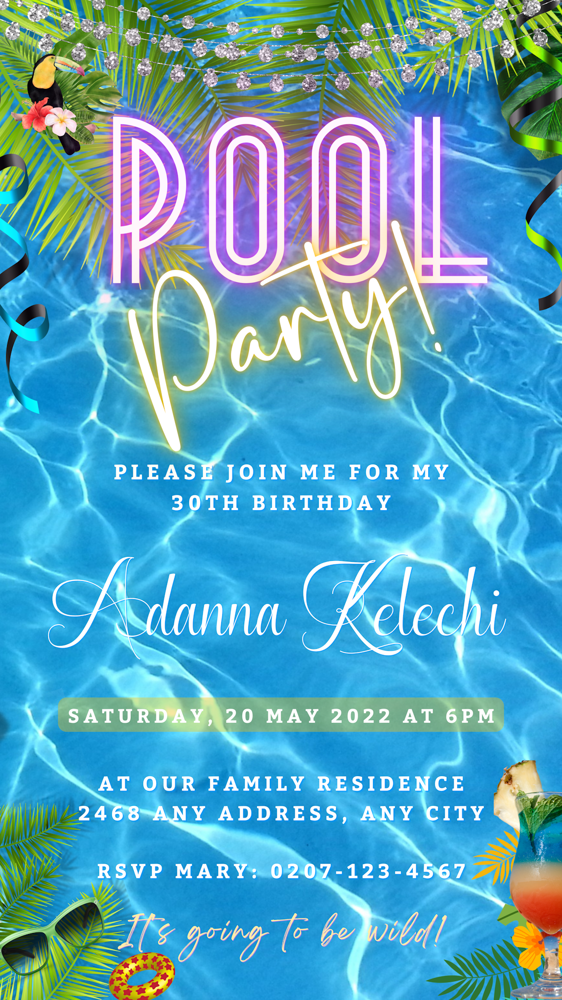 Birthday Pool Party | Digital Invite: A customizable digital invitation template featuring colorful text, streamers, and a pool party theme for easy personalization and electronic sharing.