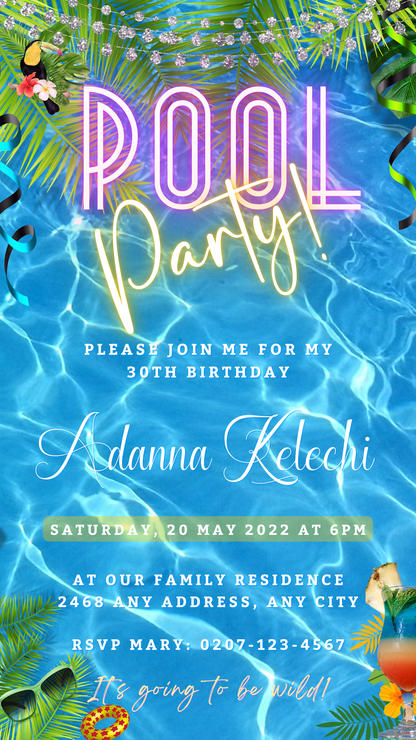 Birthday Pool Party | Digital Invite: A customizable digital invitation template featuring colorful text, streamers, and a pool party theme for easy personalization and electronic sharing.