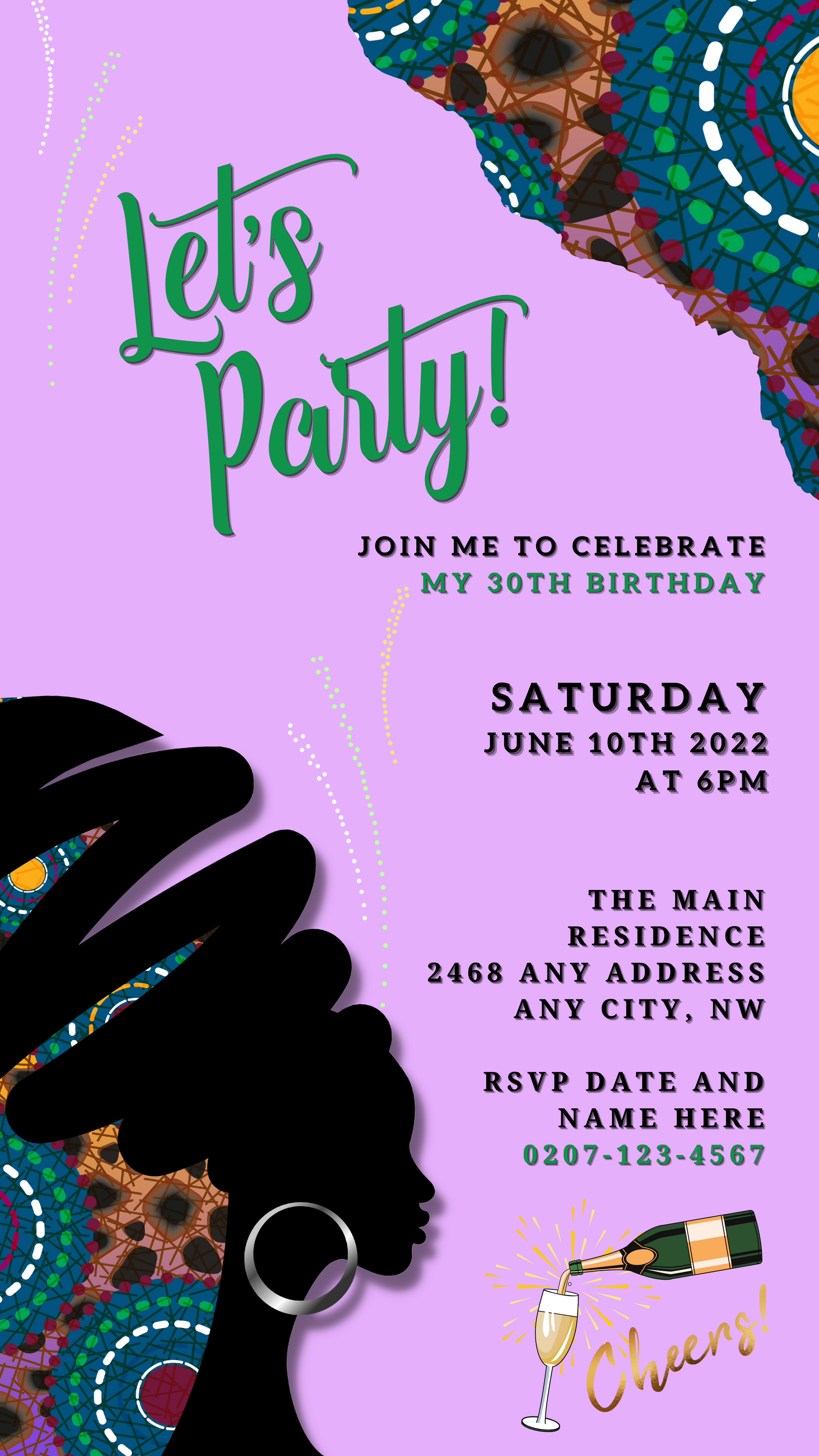 Purple Ankara African Woman Silhouette | Editable Party Evite: A customizable digital purple invitation featuring an African woman silhouette and vibrant patterns, ideal for personalizing party details in Canva.