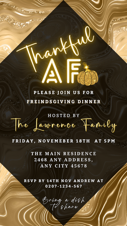 Gold Pumpkin Glitter Foil | Thankful AF Thanksgiving Evite featuring black and gold design, customizable via Canva for digital sharing via text, email, or messenger apps.