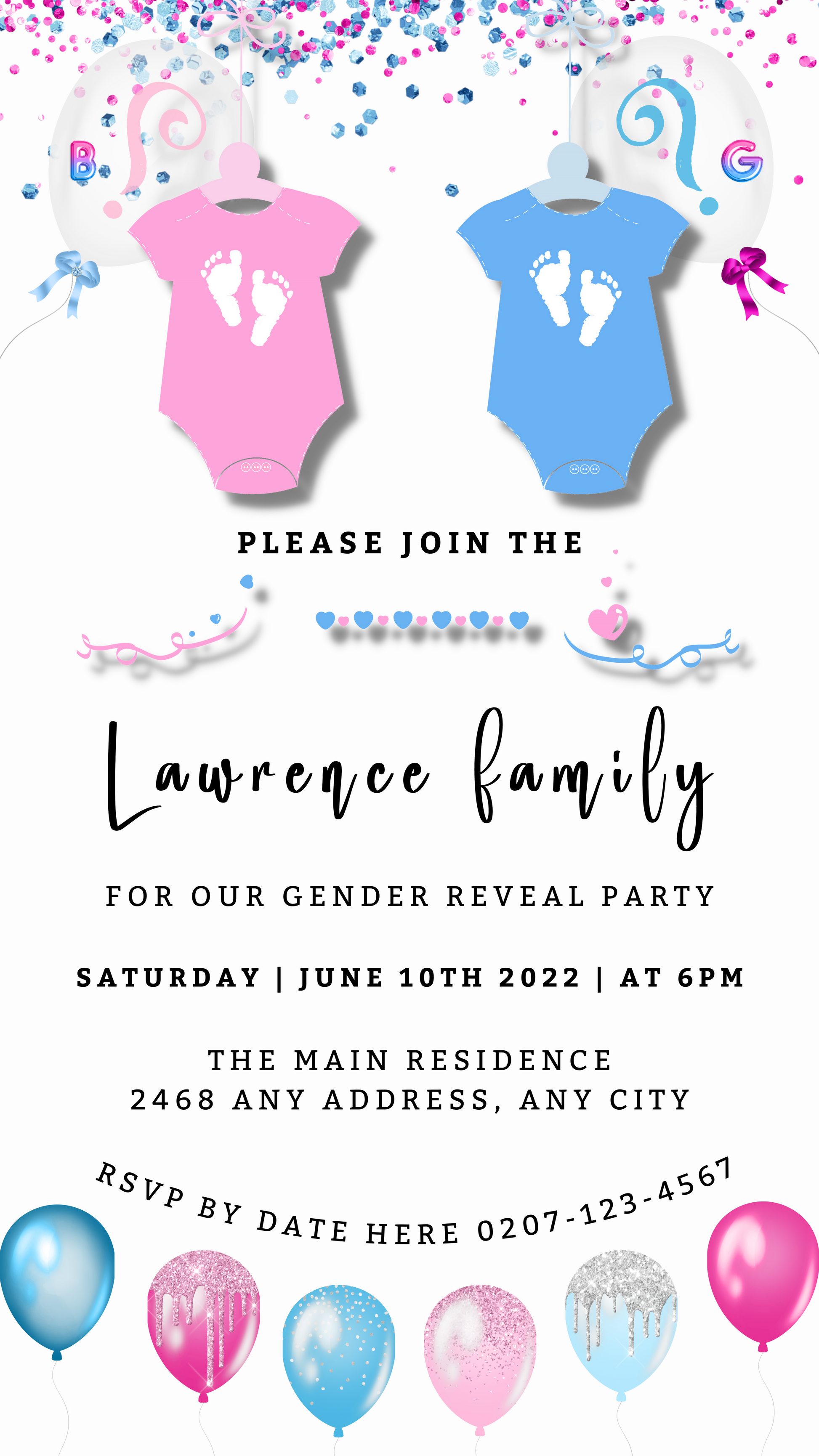 Customizable Baby Grow Blue Pink Confetti Gender Reveal Evite with pink and blue onesies and footprint designs, editable via Canva for digital invitations.