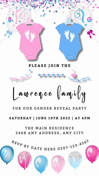 Customizable Baby Grow Blue Pink Confetti Gender Reveal Evite with pink and blue onesies and footprint designs, editable via Canva for digital invitations.