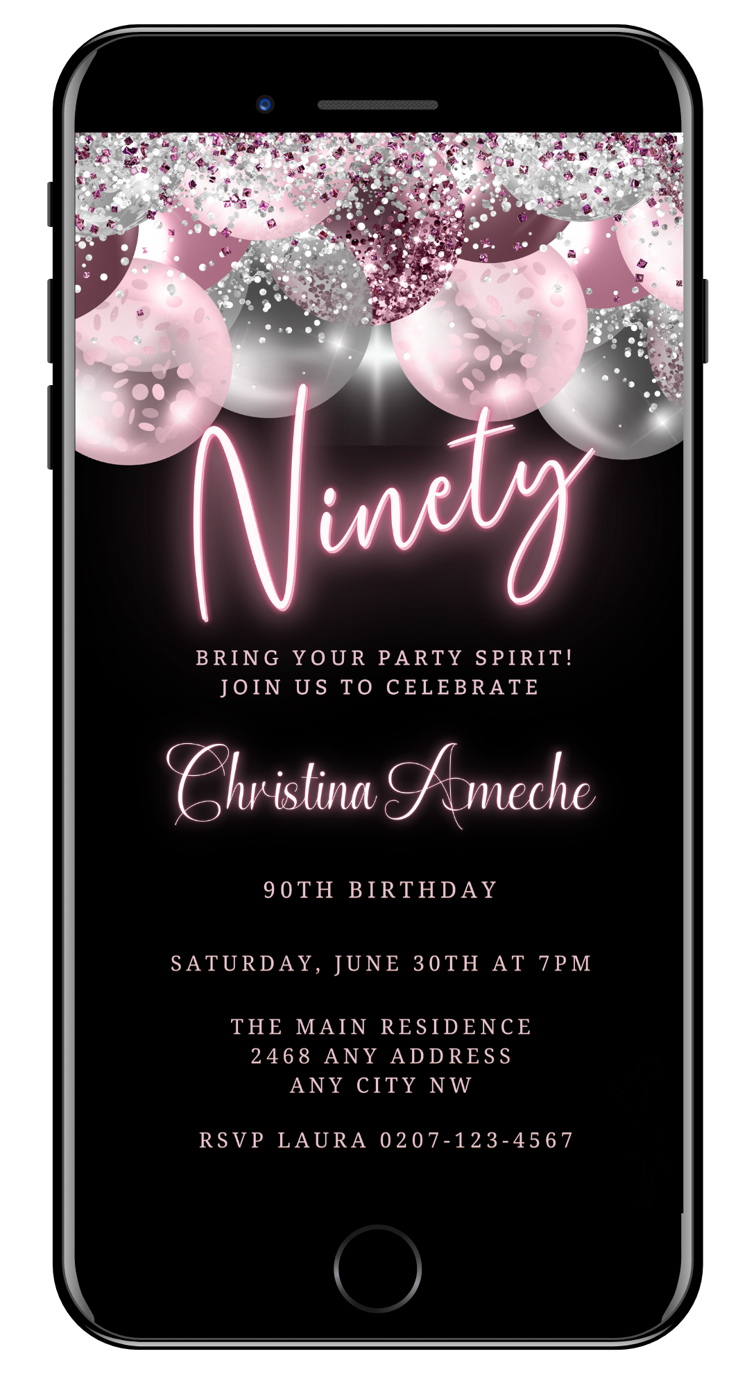 Smartphone screen displaying a customizable Mauve Pink Silver Neon 90AF Birthday Evite with pink and white balloons and editable text.