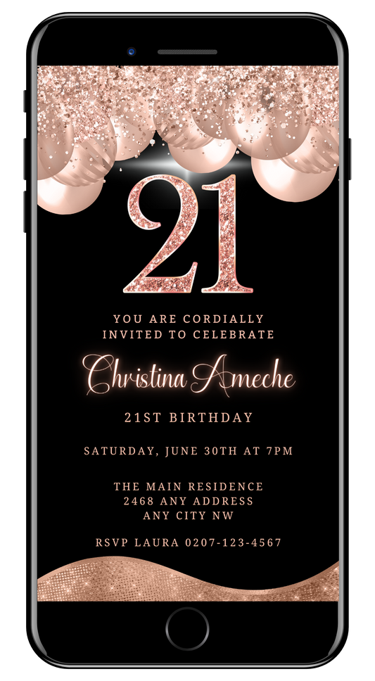 Digital Rose Gold Balloons Glitter | 21st Birthday Evite displayed on a smartphone screen, featuring customizable pink glitter text and balloons.