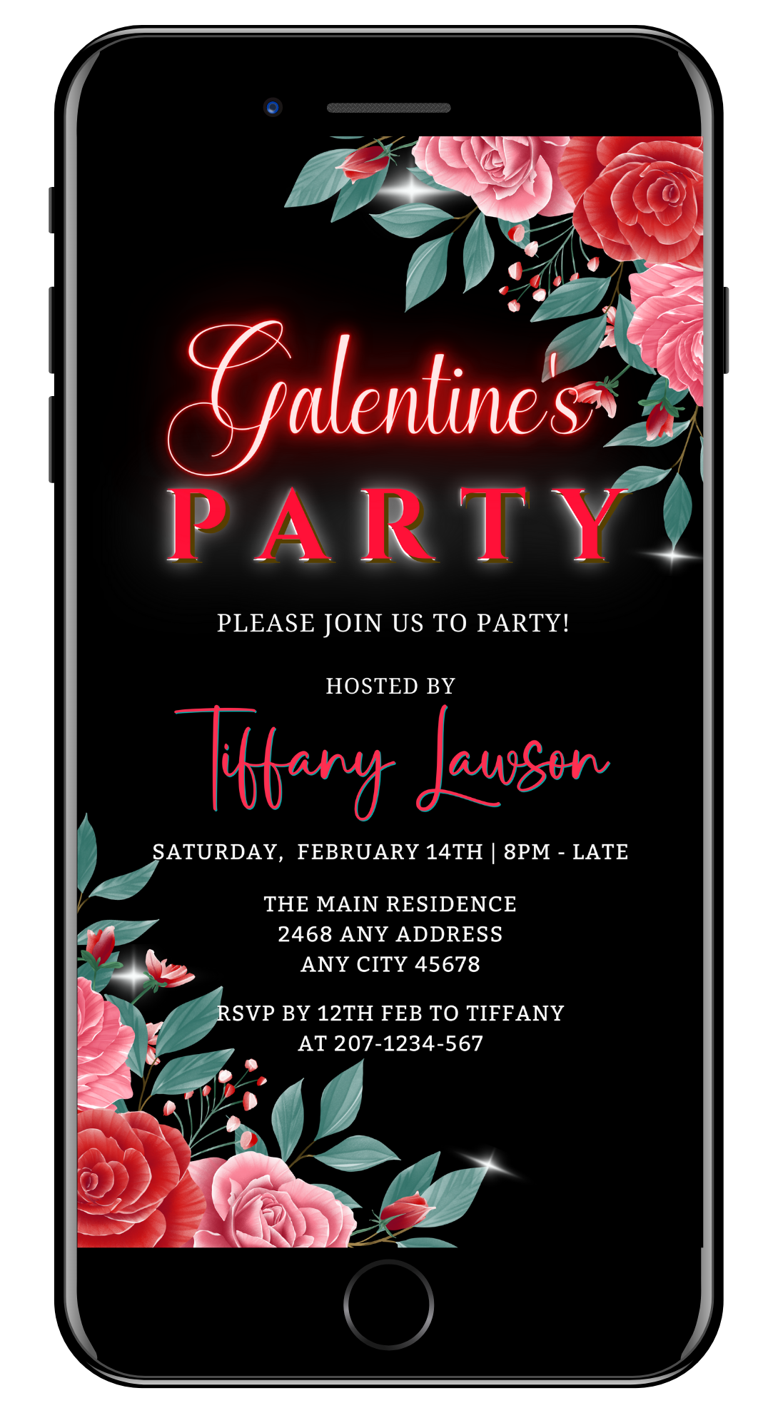 Black rectangular invitation with pink flowers and customizable white text for a Red Teal Floral Rose Galentines Party, editable via Canva for digital sharing.