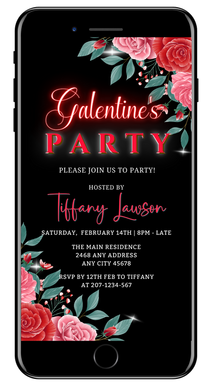 Black rectangular invitation with pink flowers and customizable white text for a Red Teal Floral Rose Galentines Party, editable via Canva for digital sharing.