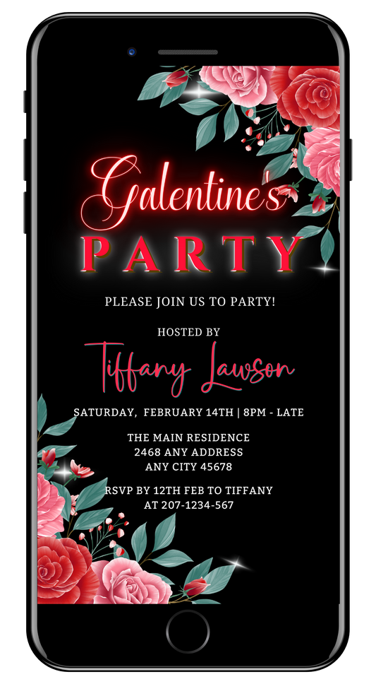 Black rectangular invitation with pink flowers and customizable white text for a Red Teal Floral Rose Galentines Party, editable via Canva for digital sharing.