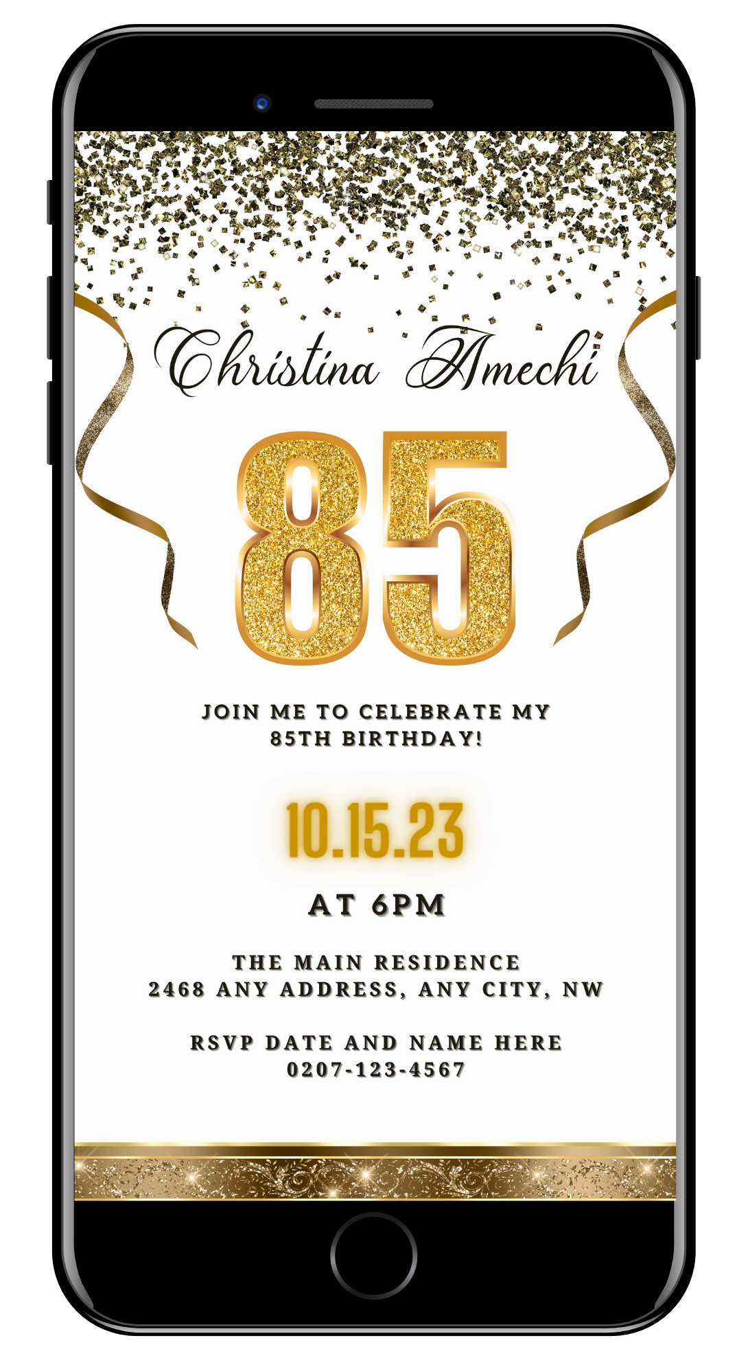 Customizable Digital White Gold Confetti 85th Birthday Evite displayed on a smartphone screen with gold text and decorative ribbons.