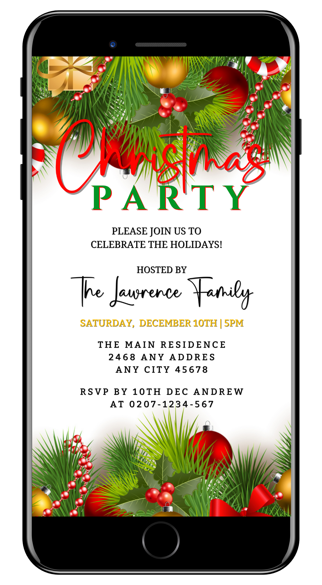 White Green Ornaments Christmas Party Invitation