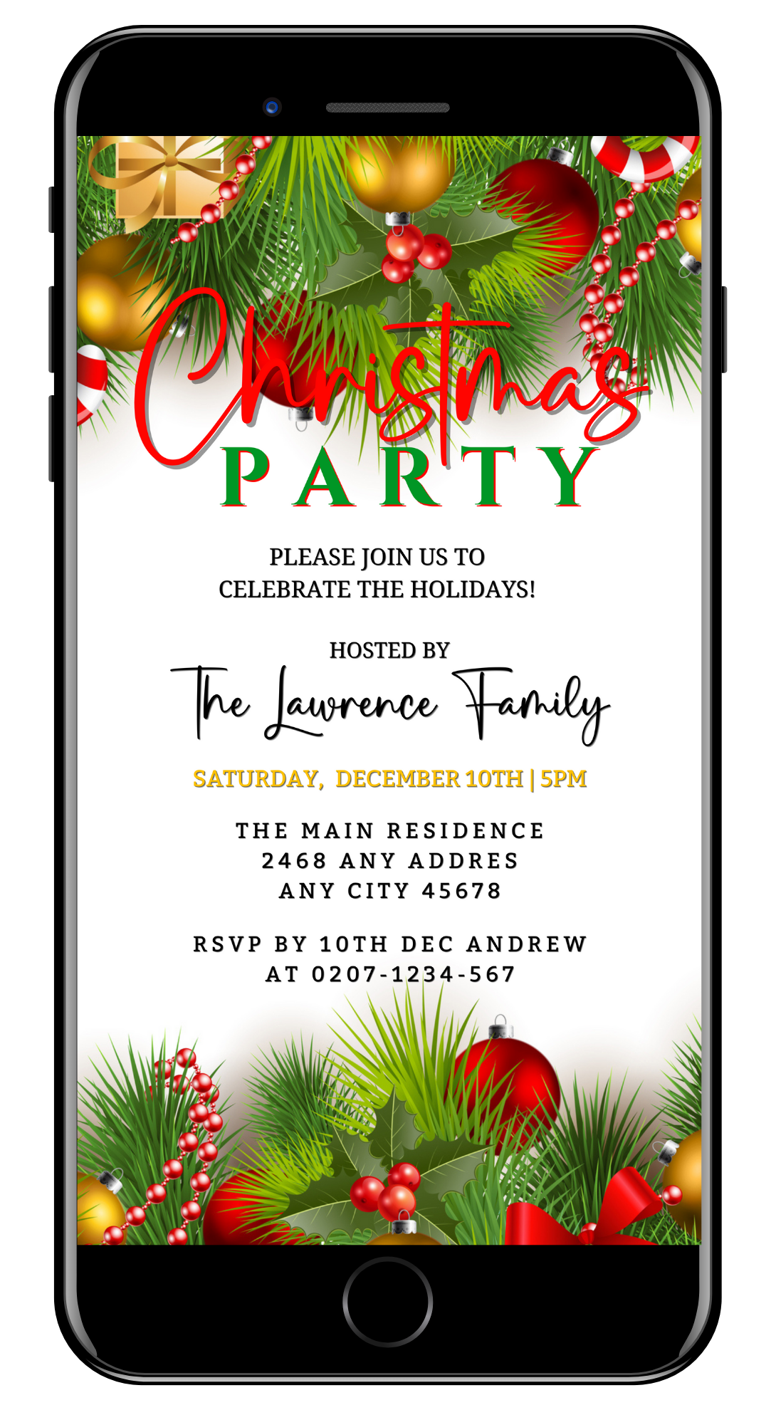 Editable Digital White Green Ornaments Christmas Party Invitation displayed on a smartphone screen, featuring customizable text and festive decorations. Ideal for electronic sharing via messaging apps.