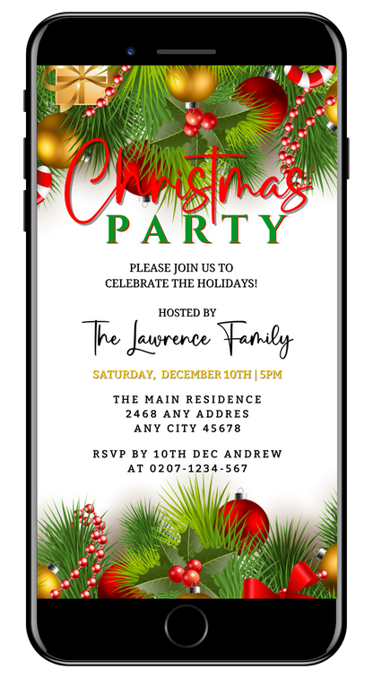 Editable Digital White Green Ornaments Christmas Party Invitation displayed on a smartphone screen, featuring customizable text and festive decorations. Ideal for electronic sharing via messaging apps.
