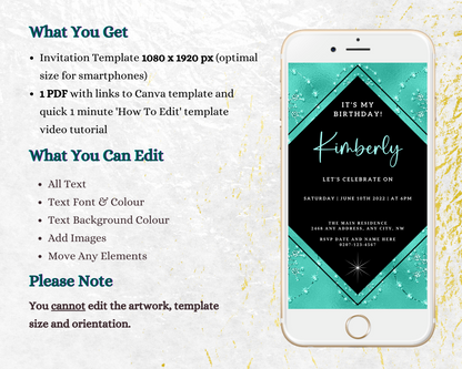 Editable Teal Black Diamond Crystal Birthday Evite displayed on a smartphone, showcasing customizable text and design elements for easy personalization via Canva.