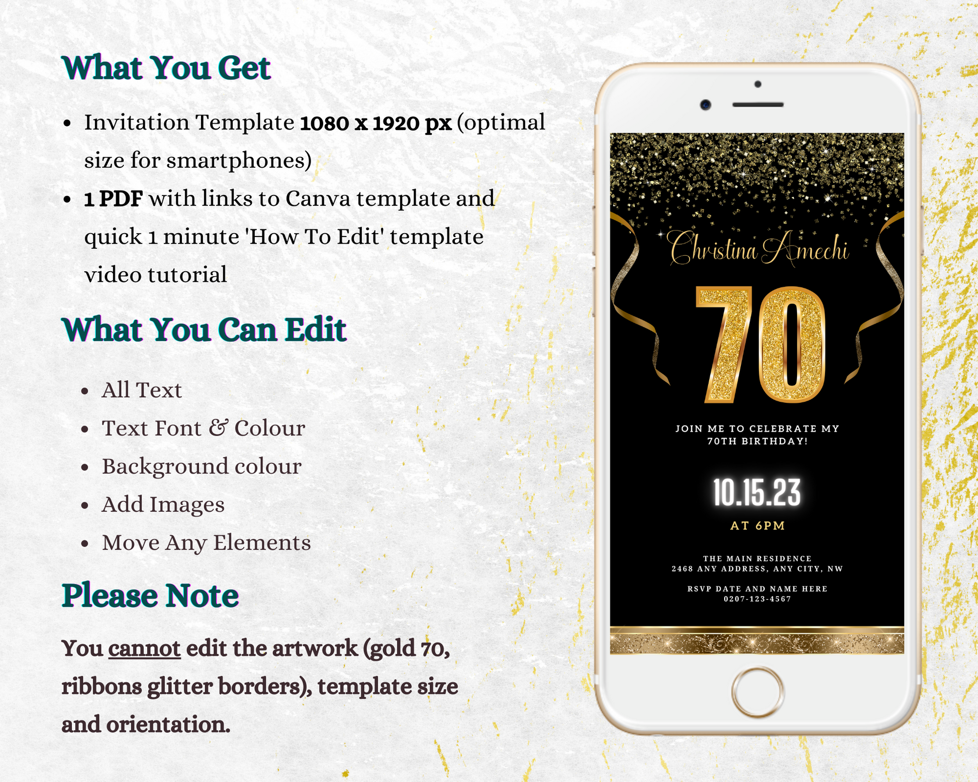 Digital Black Gold Confetti 70th Birthday Evite displayed on a smartphone screen, featuring customizable gold text and decorative ribbons.
