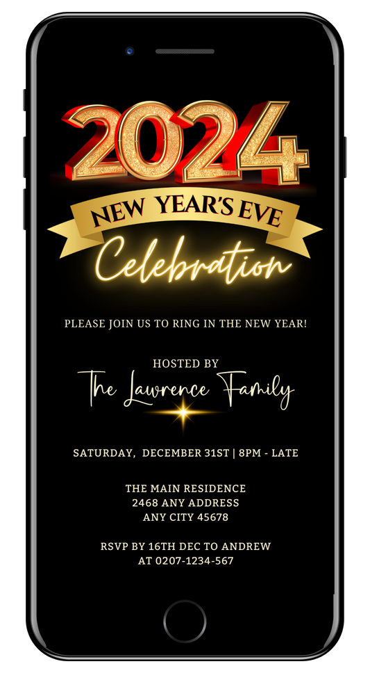Gold Red Neon Banner | New Years Eve 2024 Party Evite