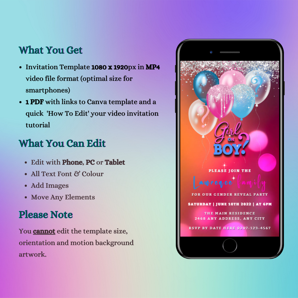 Customizable Glitter Confetti Balloons Gender Reveal Party Video Invitation displayed on a smartphone screen. Ideal for DIY personalization using Canva and sharing digitally.