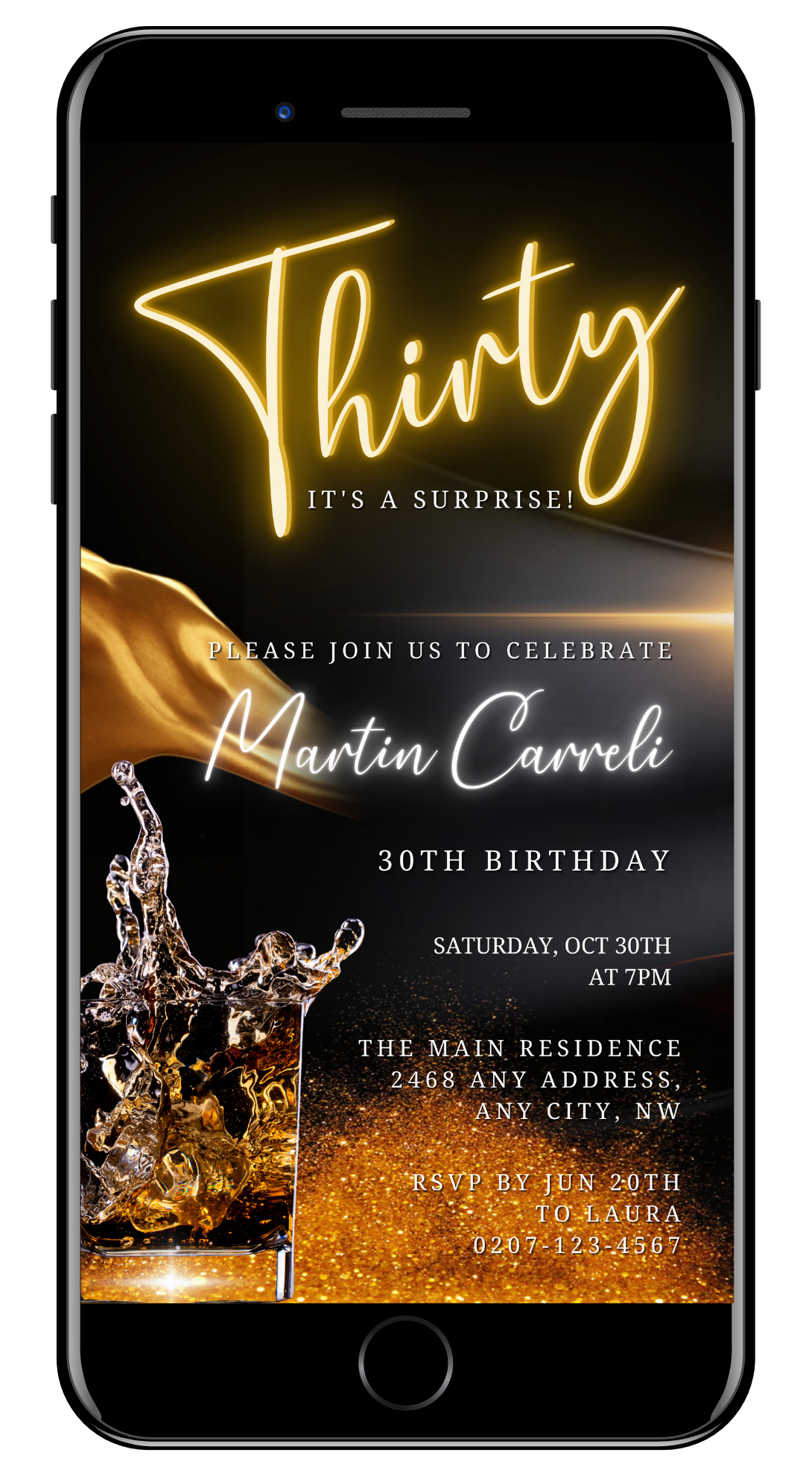 Digital invitation template on a smartphone screen, showcasing a customizable 30th Surprise Party Evite with editable text and event details.