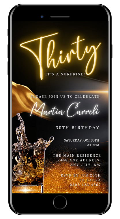 Digital invitation template on a smartphone screen, showcasing a customizable 30th Surprise Party Evite with editable text and event details.