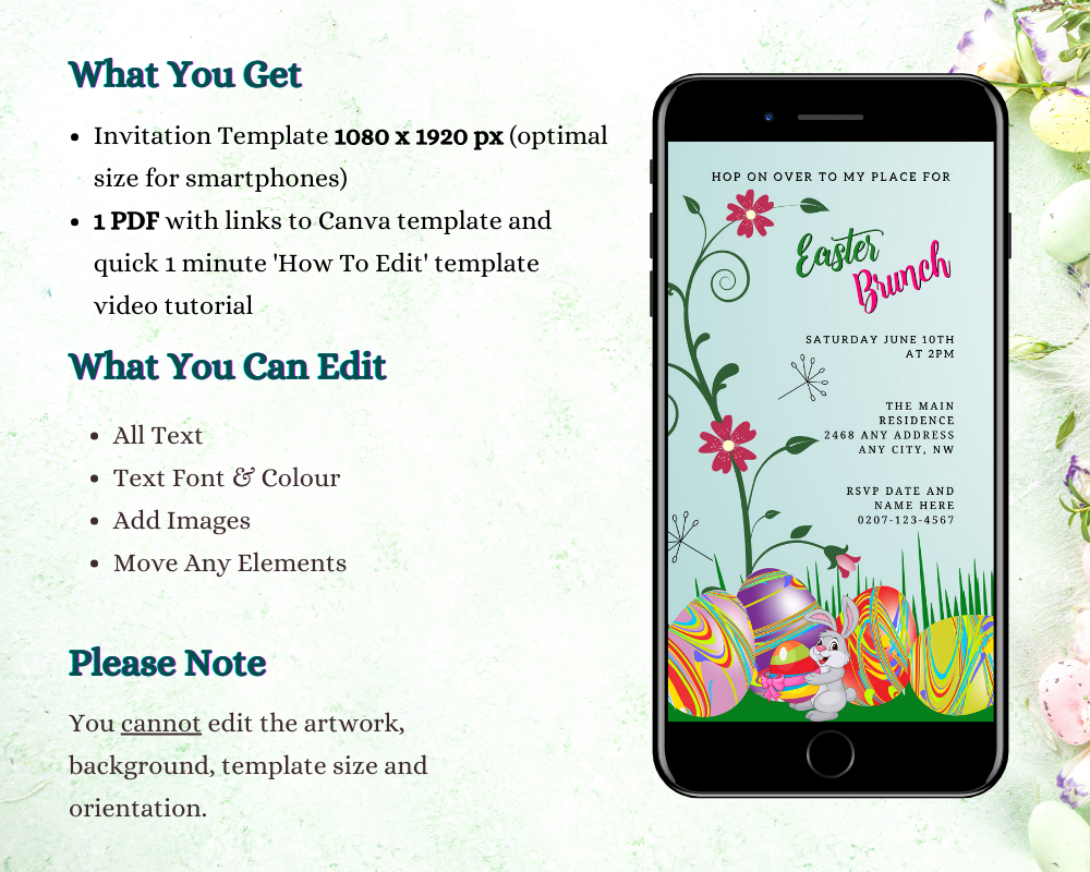 Cell phone displaying a digital invitation for an Easter brunch party featuring a cute bunny holding a colorful egg with Easter eggs and flowers.