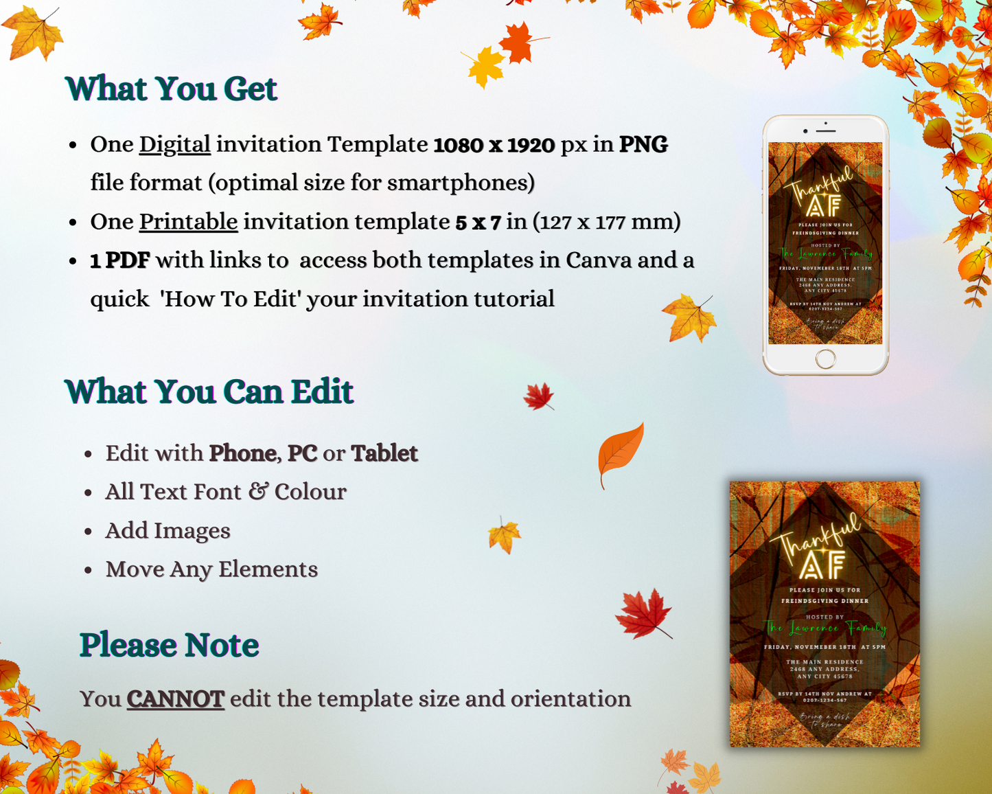 White smartphone displaying a Thanksgiving Dinner Evite with editable Thankful AF Orange Gold Pumpkin background, customizable via Canva for easy sharing.