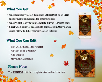 White smartphone displaying a Thanksgiving Dinner Evite with editable Thankful AF Orange Gold Pumpkin background, customizable via Canva for easy sharing.