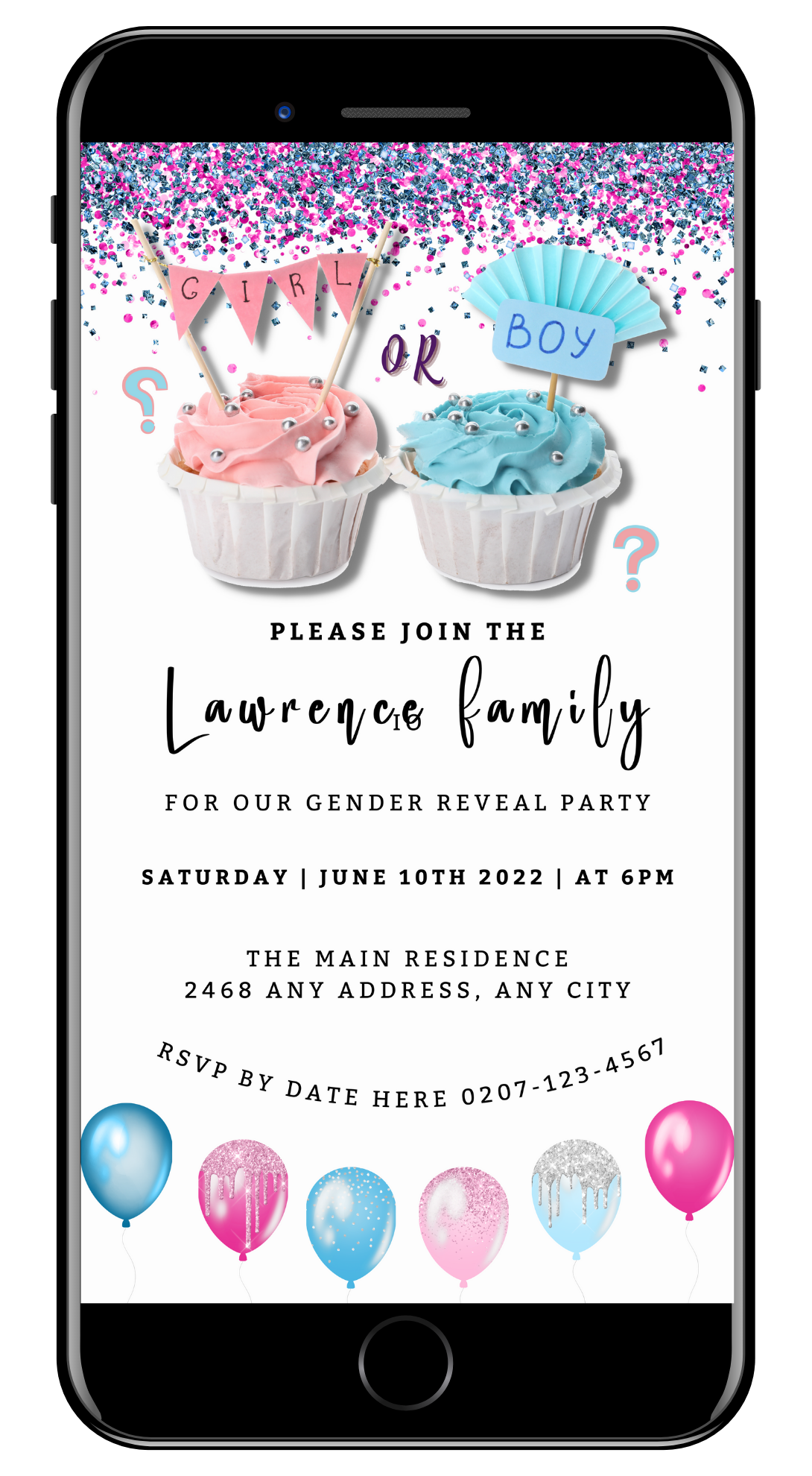 Customisable Gender Reveal Evite featuring cupcakes, balloons, and confetti on a smartphone screen, editable via Canva for personal event invitations.