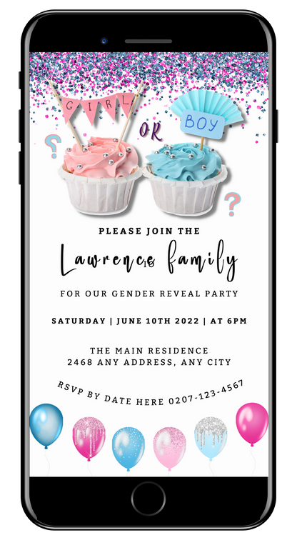 Customisable Gender Reveal Evite featuring cupcakes, balloons, and confetti on a smartphone screen, editable via Canva for personal event invitations.