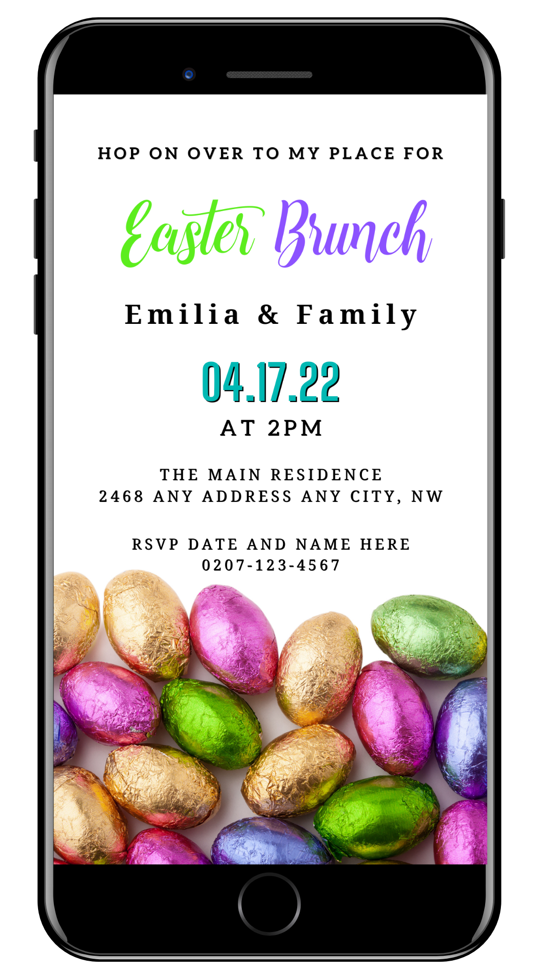 Smartphone displaying a Colorful Assorted Chocolate Easter Eggs Evite, showcasing editable Easter brunch invitation template for digital download.