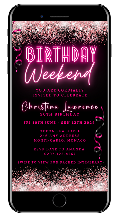 Neon Pink Glitter Confetti | Weekend Party Evite, customizable digital invitation template with pink and black text, downloadable and editable via Canva for smartphones.