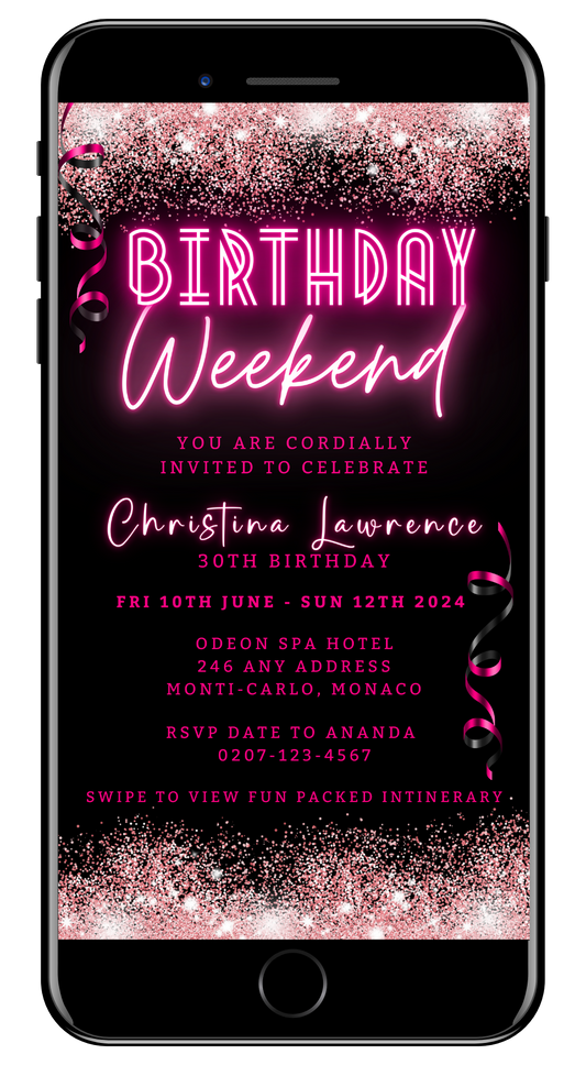 Neon Pink Glitter Confetti | Weekend Party Evite, customizable digital invitation template with pink and black text, downloadable and editable via Canva for smartphones.