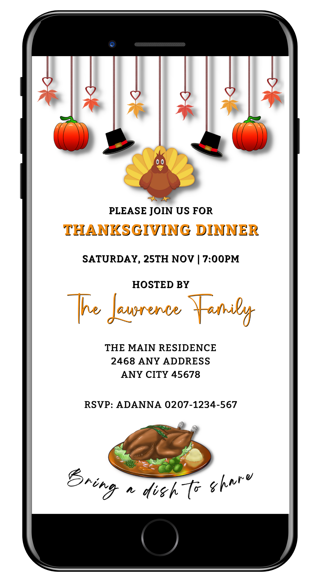 Turkey Pumpkin Decor | Thanksgiving Dinner Evite displayed on a smartphone, featuring editable invitation elements including cartoon turkeys, pumpkins, and event details for customization in Canva.