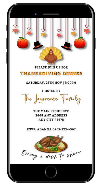 Turkey Pumpkin Decor | Thanksgiving Dinner Evite displayed on a smartphone, featuring editable invitation elements including cartoon turkeys, pumpkins, and event details for customization in Canva.