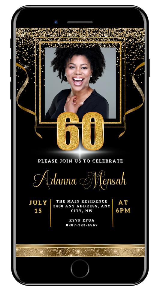 Black Gold Confetti 60th Birthday Evite featuring a smiling woman, customizable with your event details via Canva. Instantly downloadable for easy sharing.