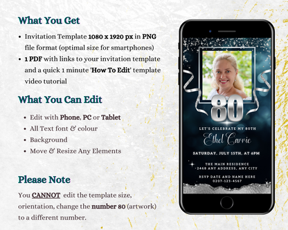 Navy Blue Silver Glitter 80th Birthday Evite on a smartphone screen, featuring a woman smiling for a customizable digital invitation template.