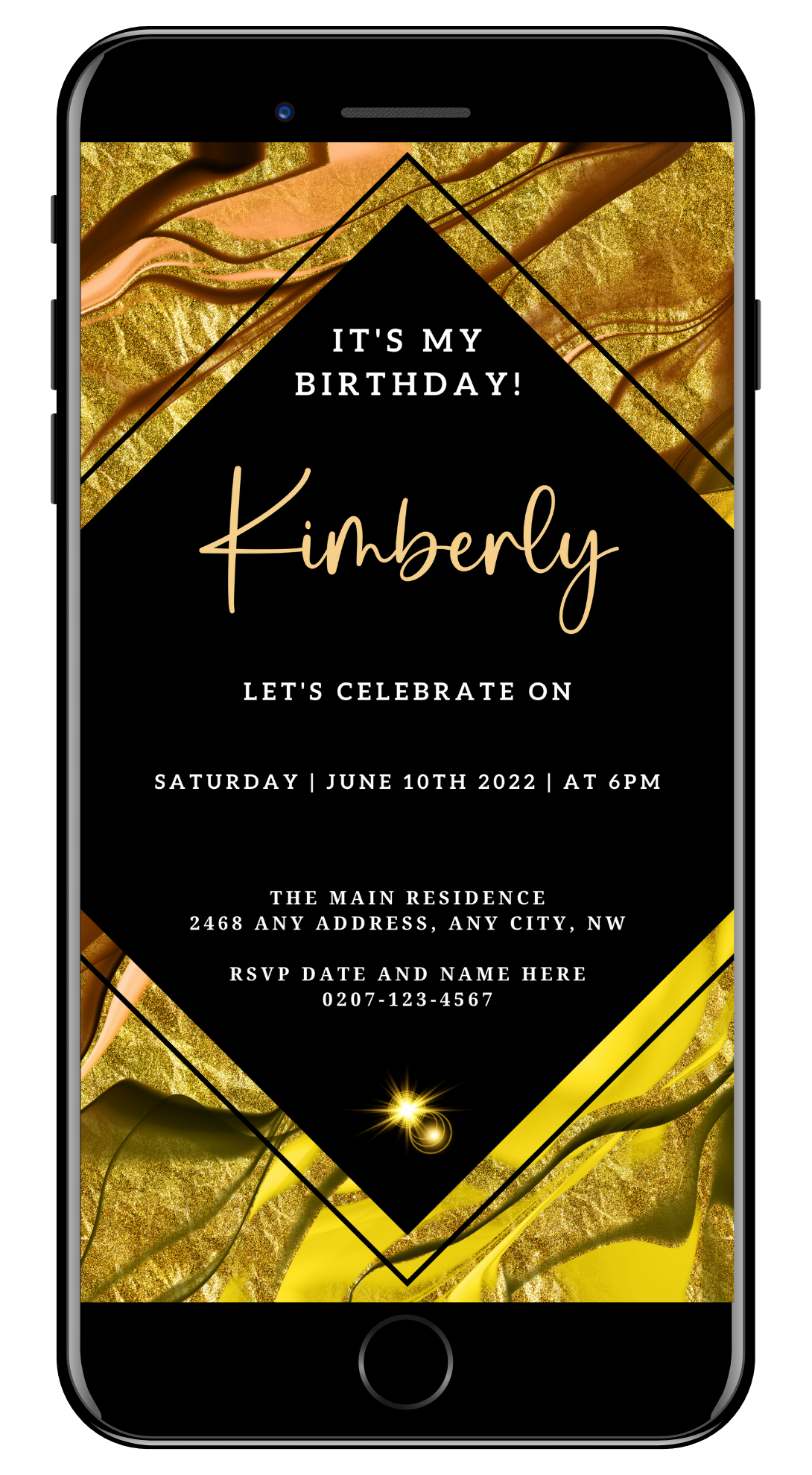 Gold Black Ankara | Editable Birthday Evite with customizable text, available for instant download and personalization via Canva on PC, Tablet, or Mobile Device.
