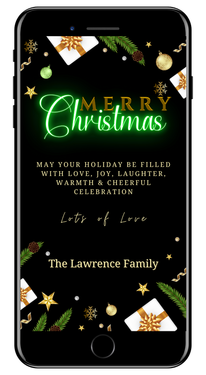 Green Neon Ornaments & Presents | Merry Christmas Ecard showing customizable text and decorations on a smartphone screen.