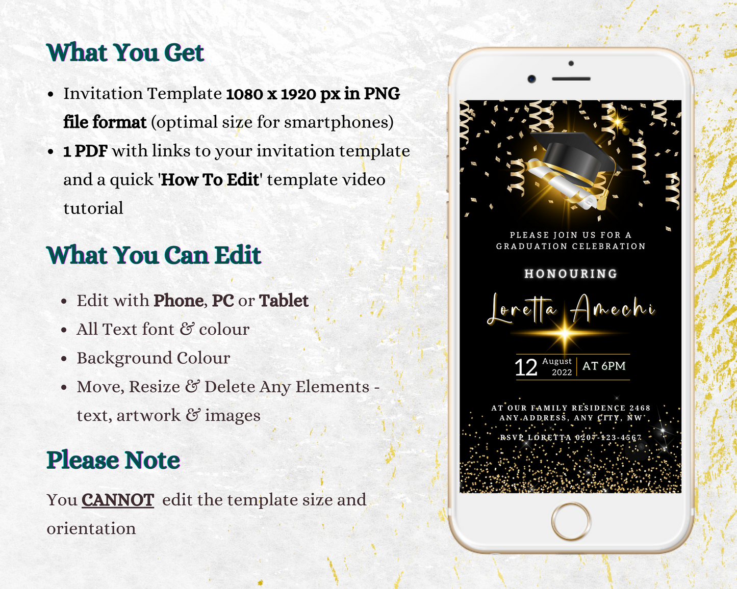 Black & Gold Graduation Invitation featuring a digital design with a cap, diploma, and confetti, showcasing celebratory theme via a phone display.