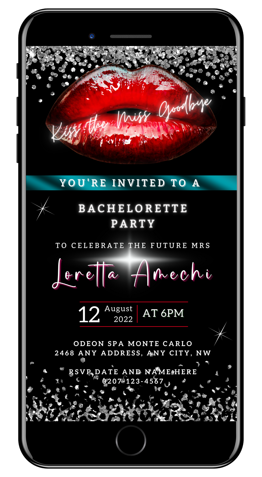 Customizable digital invitation template featuring red lips on a phone screen for a Bachelorette Party. Editable via Canva for smartphone sharing.