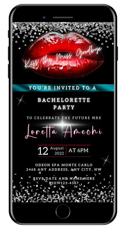 Customizable digital invitation template featuring red lips on a phone screen for a Bachelorette Party. Editable via Canva for smartphone sharing.