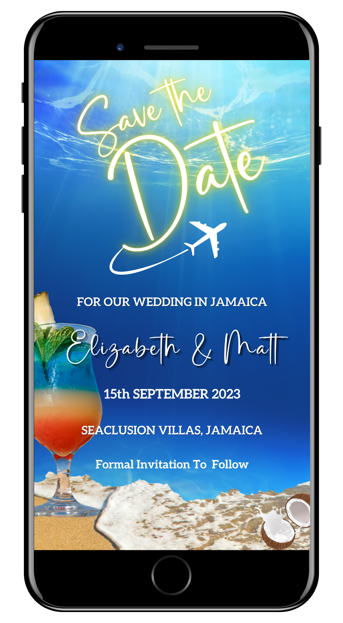 Editable Digital Blue Ocean Beach Destination Save The Date Wedding Evite displayed on a mobile phone alongside a colorful cocktail.