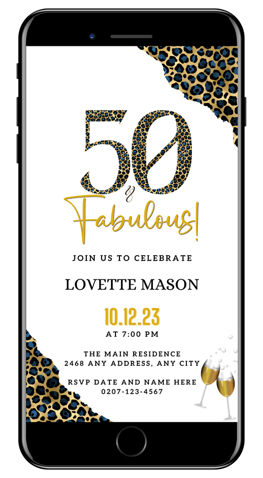 Blue Gold Leopard | 50 & Fabulous Party Evite, displayed on a smartphone screen, featuring customizable text and design elements for digital invitations.