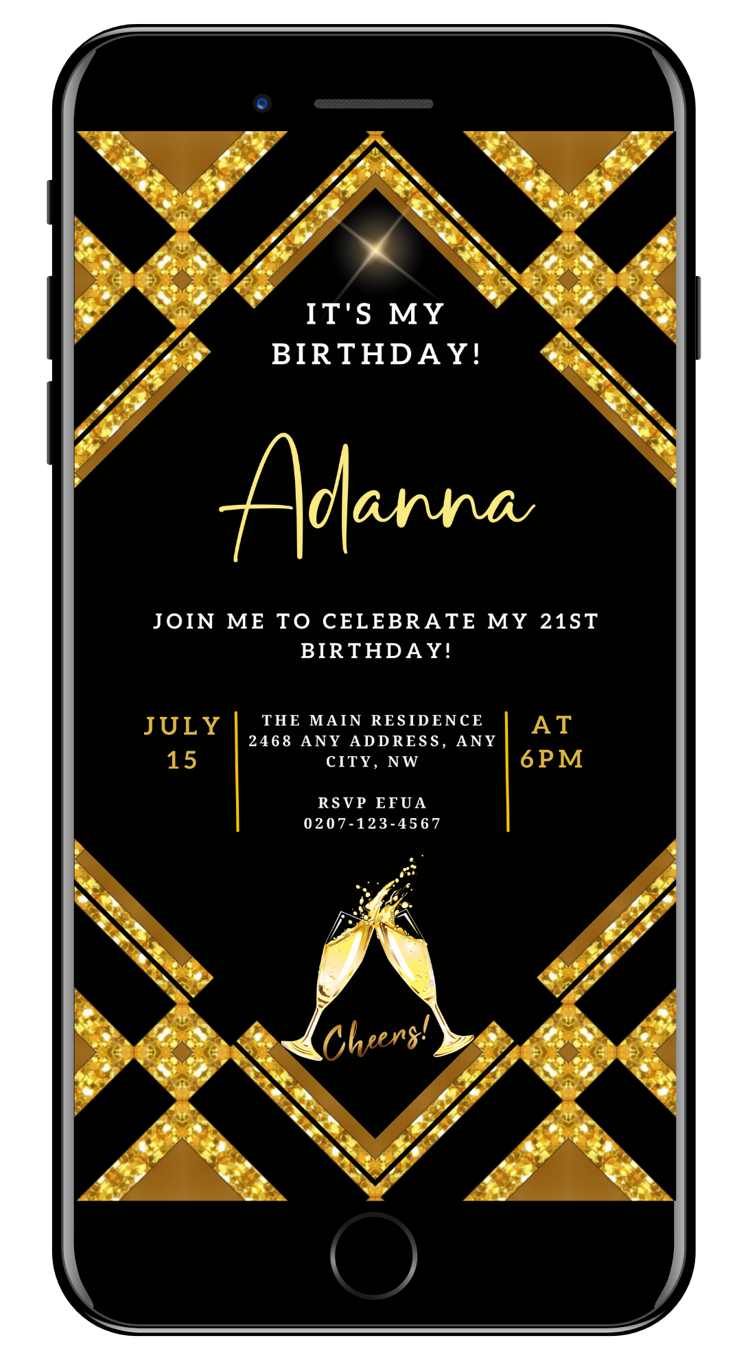 Gold Black Sparkle Customisable Birthday Evite featuring a black and gold design, editable text, and champagne glasses toasting, perfect for digital invitations via Canva.