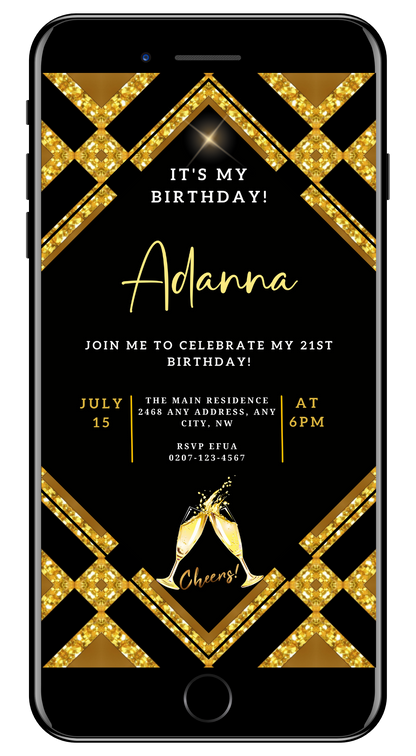 Gold Black Sparkle Customisable Birthday Evite featuring a black and gold design, editable text, and champagne glasses toasting, perfect for digital invitations via Canva.
