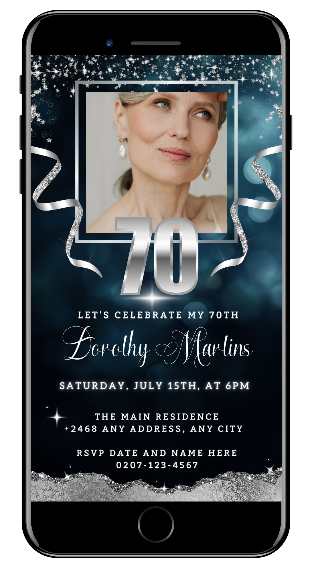 Navy Blue Silver Glitter 70th Birthday Evite template displayed on a smartphone screen, featuring a woman's face. Customizable via Canva for easy sharing.